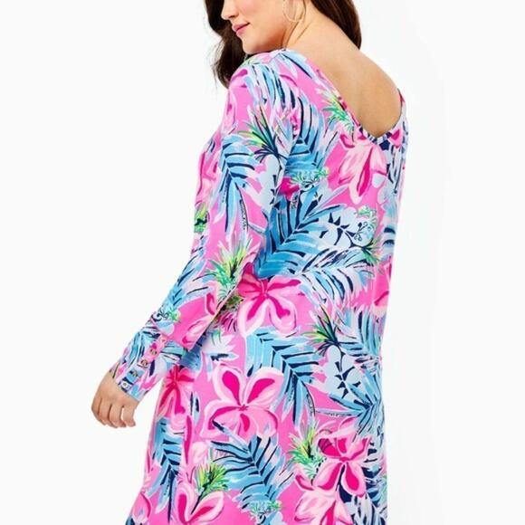 Lilly Pulitzer Kaisley Dual Neckline UPF 50+ Swing Dress Cockatoo Pink Large - Picture 6 of 14
